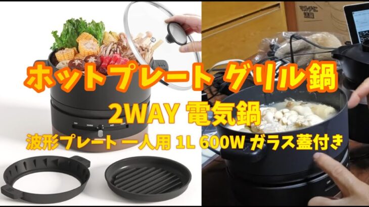 ホットプレート グリル鍋 2WAY 電気鍋/波形プレート 一人用 1L 600W ガラス蓋付き 4段階温度調整 着脱式 丸洗い可能 小型 焼肉 深鍋 一人鍋 車中泊 自炊 キャンプ