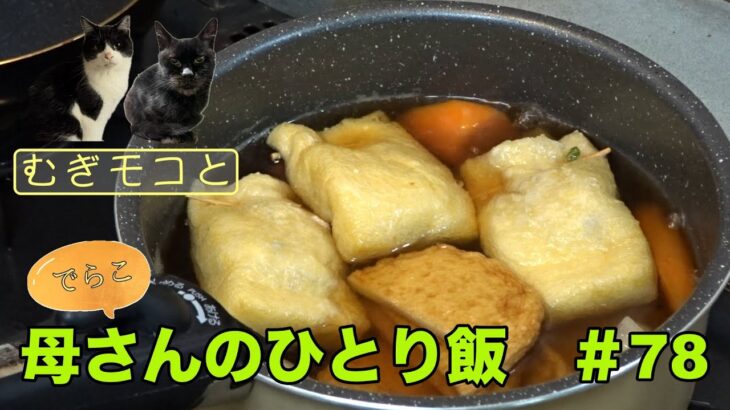 【母さんのひとり飯 #78】むぎモコのご飯の様子とボリューム満点の巾着煮